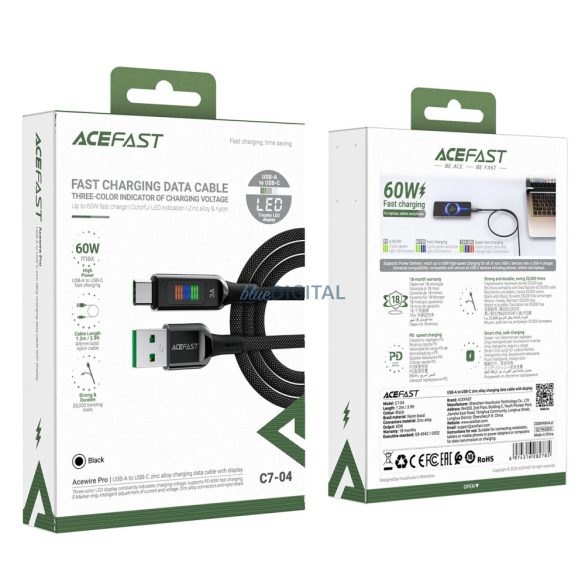 Acefast C7-04 USB-A - Type-C kábel kijelzővel 60W 1.2m - fekete