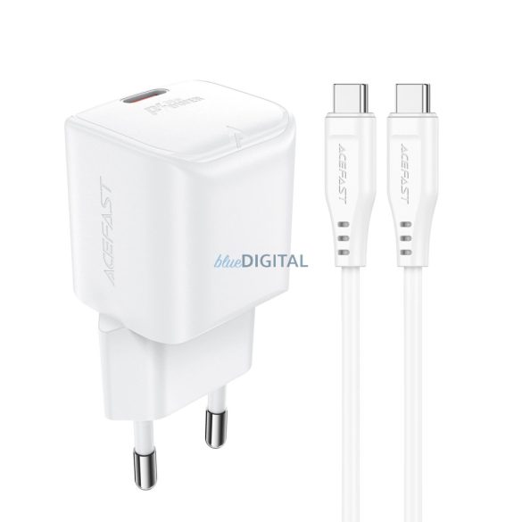 Acefast A77 Mini hálózati töltő 1xUSB-C csatlakozással és Type-C - Type- C kábellel PD 30W GaN - fehér