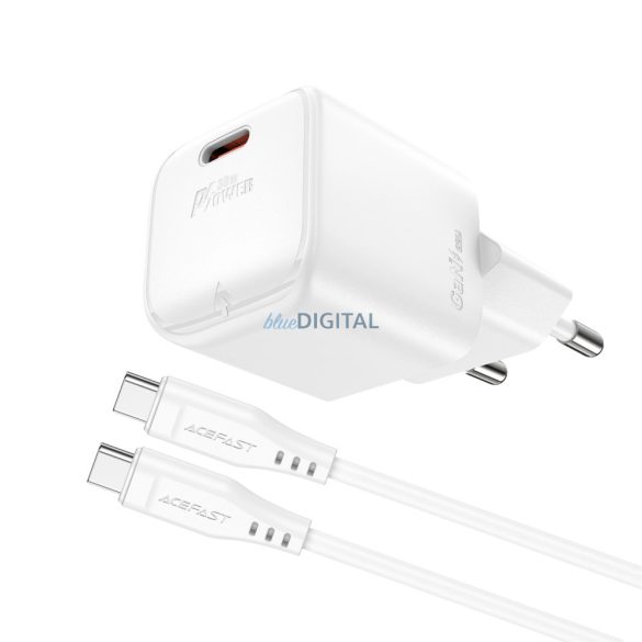 Acefast A77 Mini hálózati töltő 1xUSB-C csatlakozással és Type-C - Type- C kábellel PD 30W GaN - fehér