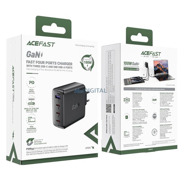 Acefast A94 hálózati töltő 1xUSB-A és 3xUSB-C csatlakozással GaN2 PD 100W - fekete