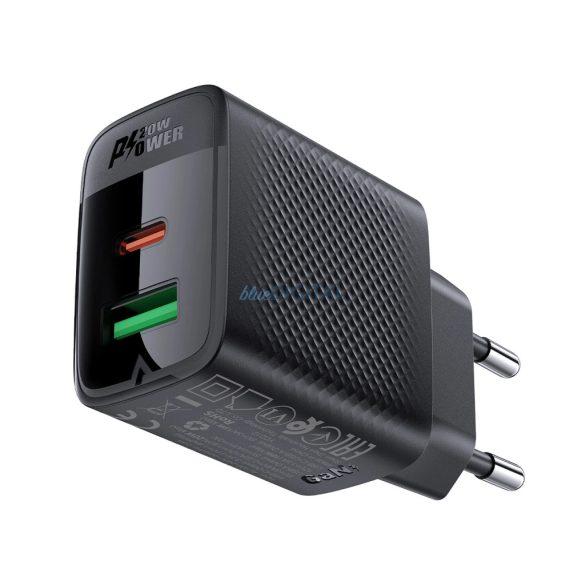 Acefast A78 hálózati töltő 1xUSB-A és 1xUSB-C csatlakozással GaN PD 20W - fekete