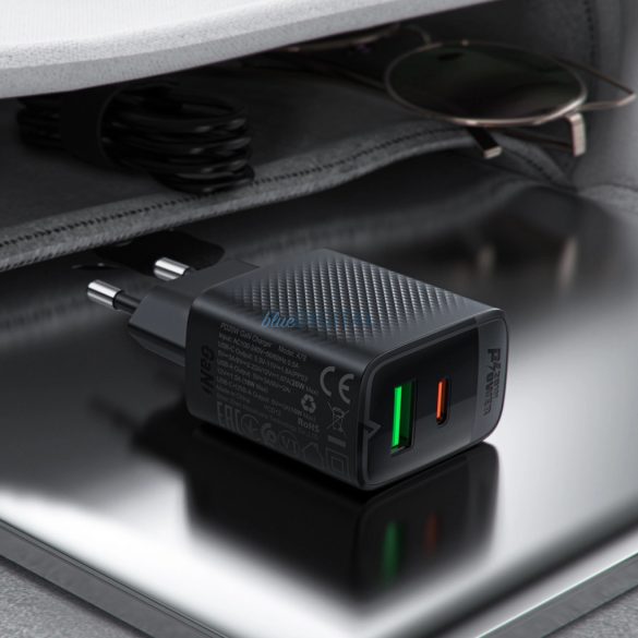 Acefast A78 hálózati töltő 1xUSB-A és 1xUSB-C csatlakozással GaN PD 20W - fekete