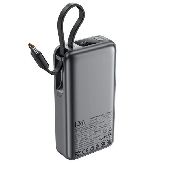 Acefast M7-10000 powerbank 1xUSB-A és 1xUSB-C csatlakozással beépített Type-C kábellel 10000mAh 30W PD - fekete