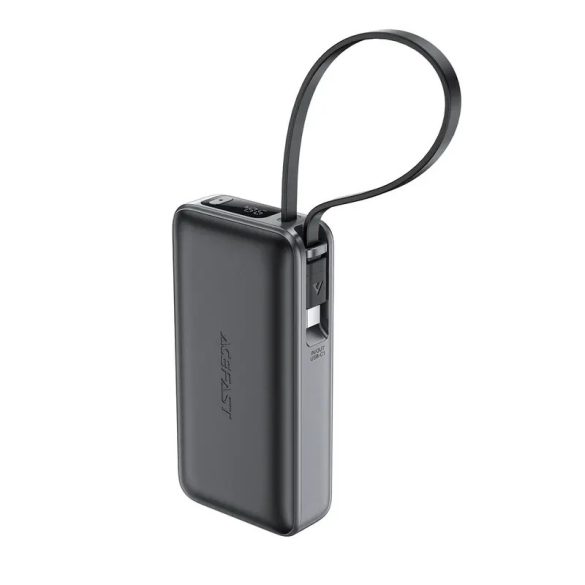 Acefast M7-10000 powerbank 1xUSB-A és 1xUSB-C csatlakozással beépített Type-C kábellel 10000mAh 30W PD - fekete