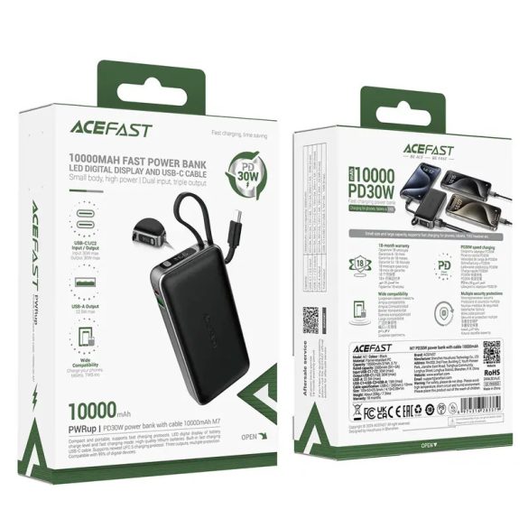 Acefast M7-10000 powerbank 1xUSB-A és 1xUSB-C csatlakozással beépített Type-C kábellel 10000mAh 30W PD - fekete