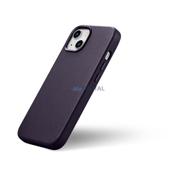 iCarer Case Leather valódi bőr tok iPhone 14 Plushoz sötétlila (MagSafe kompatibilis)