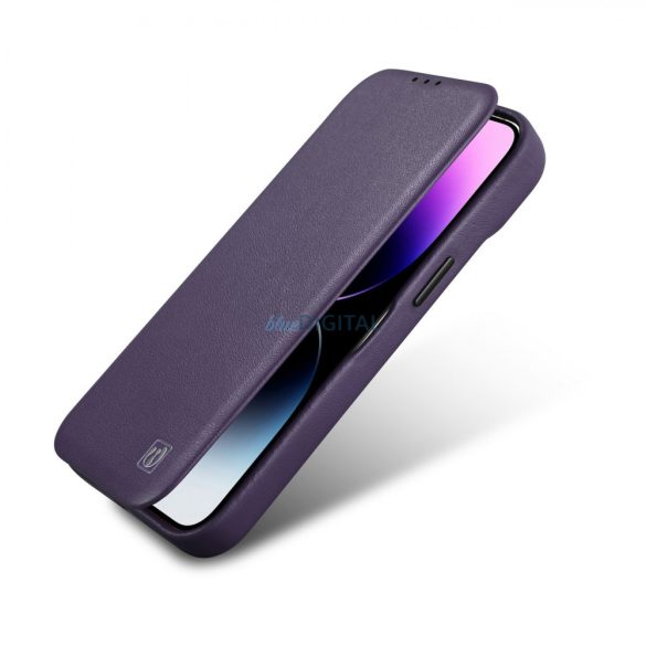 iCarer CE Prémium bőr fóliatok iPhone 14 Flip mágneses MagSafe bőr tok Sötétlila (WMI14220713-DP)