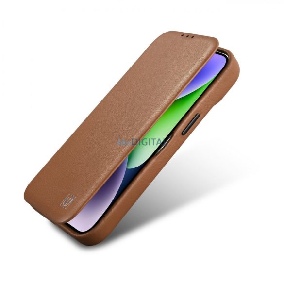 iCarer CE prémium bőr fóliatok iPhone 14 Pro Flip mágneses MagSafe barna (WMI14220714-BN)