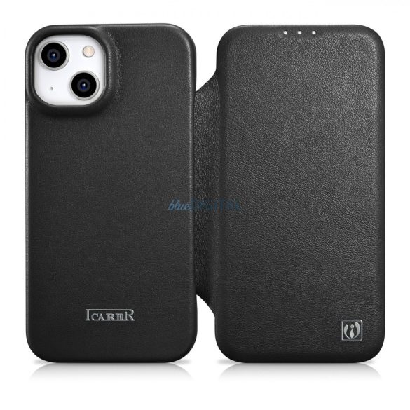 iCarer CE prémium bőr fóliatok iPhone 14 Plus Flip mágneses MagSafe fekete (WMI14220715-BK)
