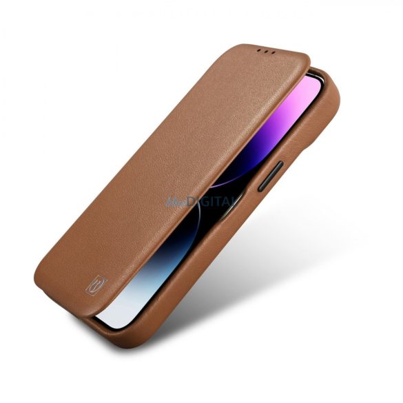 iCarer CE prémium bőr fóliatok iPhone 14 Plus Flip mágneses MagSafe barna (WMI14220715-BN)