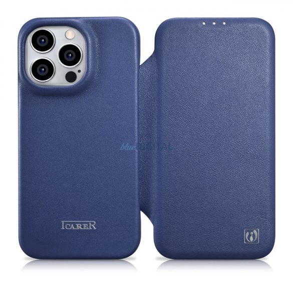 iCarer CE Prémium bőr fóliatok iPhone 14 Pro Max Flip mágneses MagSafe kék (WMI14220716-BU)