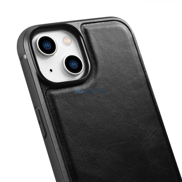 iCarer Leather Oil Wax tok valódi bőrborítással iPhone 14 készülékhez (MagSafe kompatibilis) fekete (WMI14220717-BK)