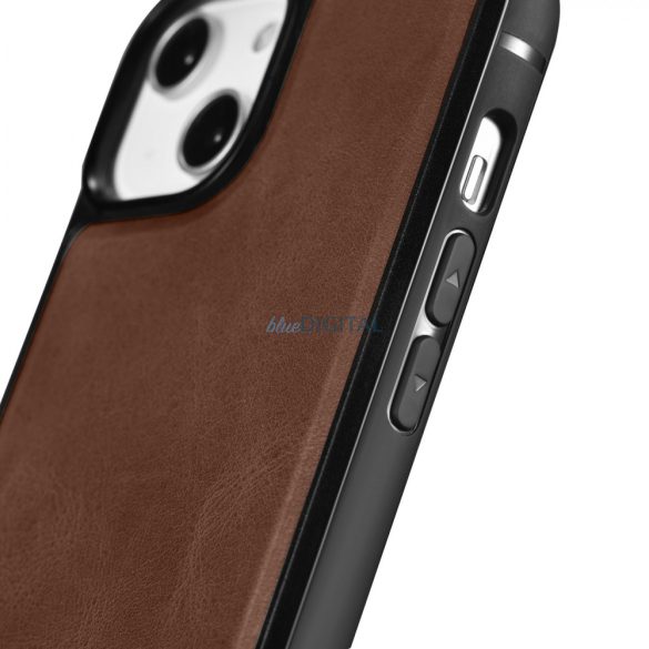 iCarer Leather Oil Wax tok valódi bőr borítással iPhone 14 készülékhez (MagSafe kompatibilis) barna (WMI14220717-BN)