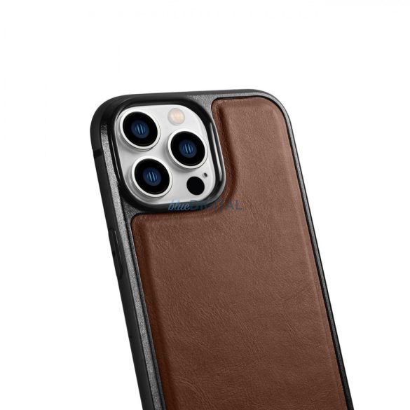 iCarer Leather Oil Wax tok valódi bőrrel iPhone 14 Pro (MagSafe kompatibilis) barna (WMI14220718-BN)