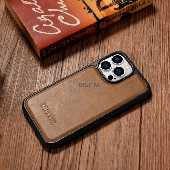 iCarer Leather Oil Wax tok valódi bőrrel iPhone 14 Pro (MagSafe kompatibilis) barna (WMI14220718-TN)