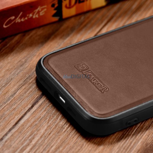 iCarer Leather Oil Wax tok valódi bőrrel iPhone 14 Plus (MagSafe kompatibilis) barna (WMI14220719-BN)