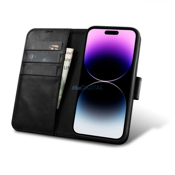 iCarer Oil Wax Wallet Case 2in1 iPhone 14 Pro Flip bőr tok Anti-RFID fekete (WMI14220722-BK)