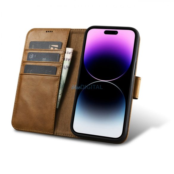 iCarer Oil Wax Wallet Case 2in1 iPhone 14 Pro Flip bőr tok Anti-RFID barna (WMI14220722-TN)