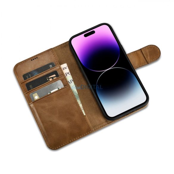 iCarer Oil Wax Wallet Case 2in1 iPhone 14 Pro Flip bőr tok Anti-RFID barna (WMI14220722-TN)