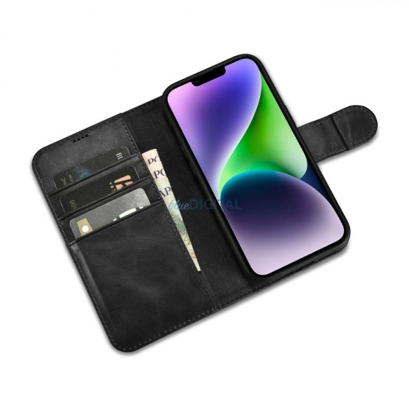 iCarer Oil Wax Wallet Case 2in1 tok iPhone 14 Plus bőr Flip Cover Anti-RFID fekete (WMI14220723-BK)