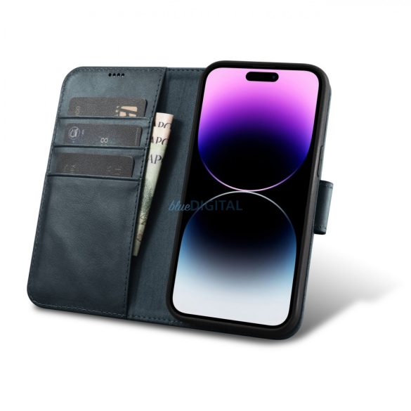 iCarer Oil Wax Wallet Case 2in1 Case iPhone 14 Pro Max bőr Flip Cover Anti-RFID kék (WMI14220724-BU)
