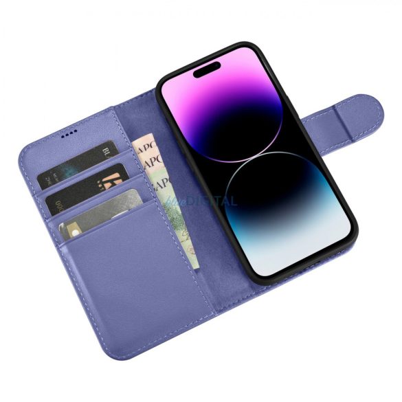 iCarer tárca tok 2in1 iPhone 14 Pro Flip bőr tok Anti-RFID világos lila (WMI14220726-LP)