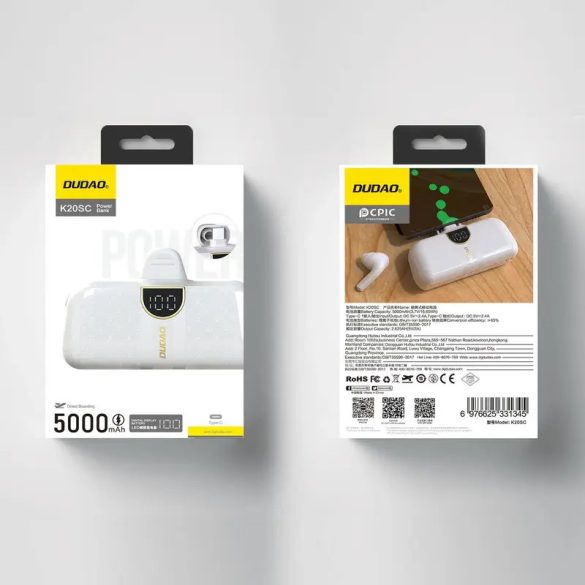 Dudao K20SC mini powerbank beépített Type-C csatlakozóal 5000mAh - fehér