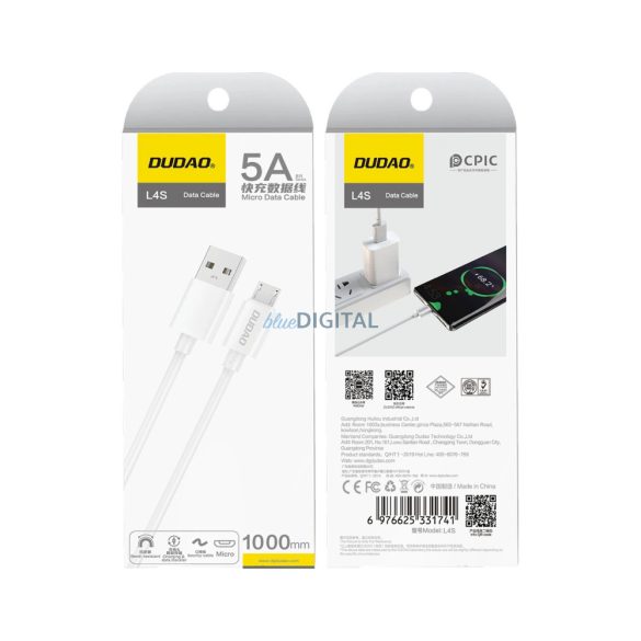 Dudao L4SM USB-A - microUSB kábel 5A 1m - fehér