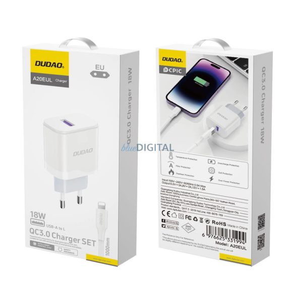 Dudao A20EU hálózati töltő 1xUSB-A csatlakozással és USB-A - Lightning kábellel 18W fehér