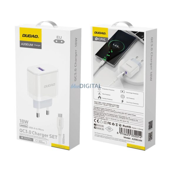 Dudao A20EU hálózati töltő 1xUSB-A csatlakozással és USB-A - microUSB kábellel 18W fehér