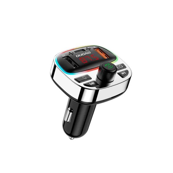 Dudao R2PRO+ 2-az-1-ben autós töltő és FM transzmitter 2xUSB-A és 1xUSB-C csatlakozással 25W PD - fekete-ezüst színű