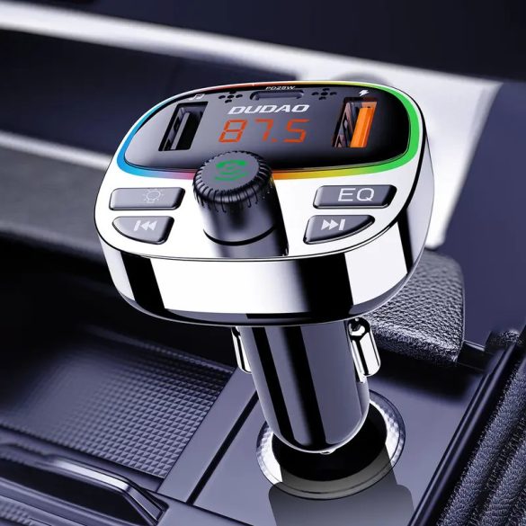 Dudao R2PRO+ 2-az-1-ben autós töltő és FM transzmitter 2xUSB-A és 1xUSB-C csatlakozással 25W PD - fekete-ezüst színű