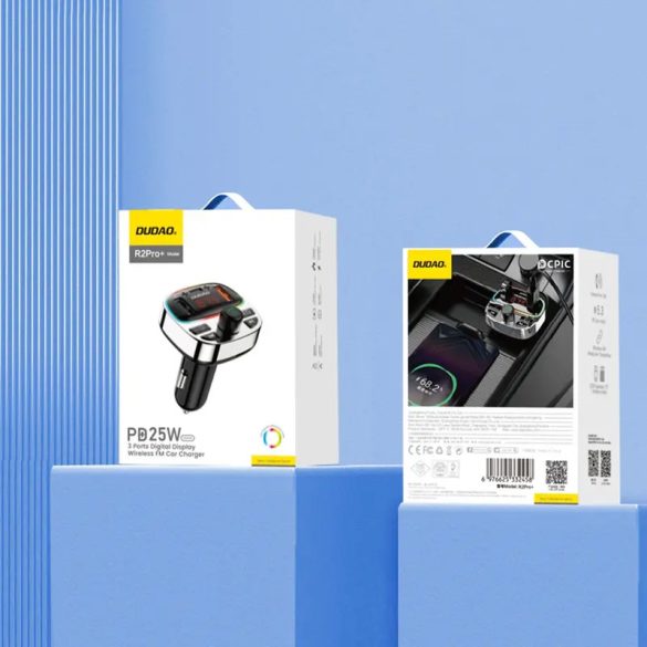 Dudao R2PRO+ 2-az-1-ben autós töltő és FM transzmitter 2xUSB-A és 1xUSB-C csatlakozással 25W PD - fekete-ezüst színű