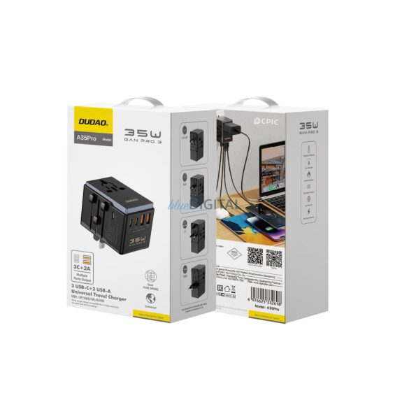 Dudao A35Pro 35W EU/UK/AUS/US/JP utazó adapter 3x USB-C 2x USB-A - fekete