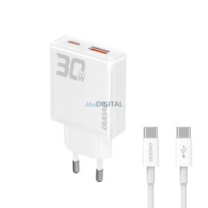 Dudao A30EUT hálózati töltő 1xUSB-A és 1xUSB-C csatlakozással és Type-C - Type-C kábellel 30W - fehér