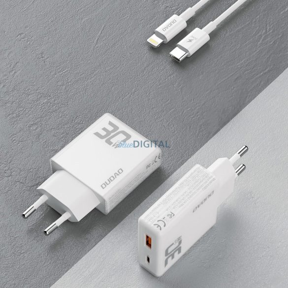 Dudao A30EUL hálózati töltő 1xUSB-A és 1xUSB-C csatlakozással és Type-C - Lightning kábellel 30W - fehér