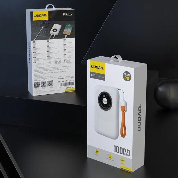 Dudao K21 Mini powerbank 1xUSB-A és 1xUSB-C csatlakozással 10000mAh 22.5W - bézs