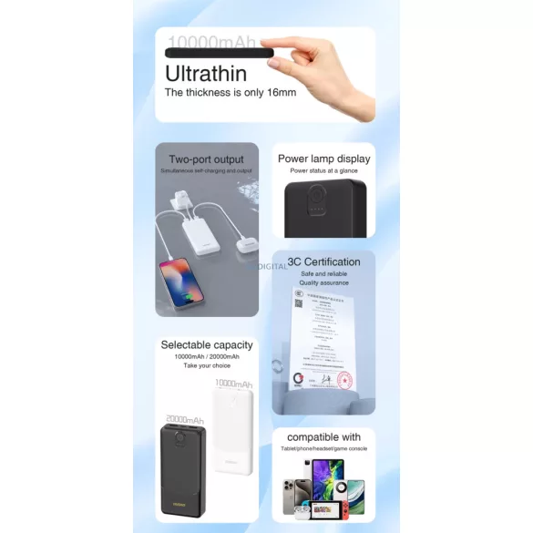 Powerbank Dudao K10 10000mAh 2.4A 2 x USB-A - fehér