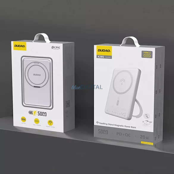 Dudao K28 10000mAh PD 22.5W MagSafe Powerbank fém tokkal és gyűrűs állvánnyal - Ezüst