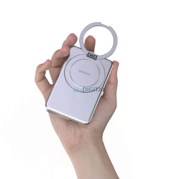 Dudao K28 10000mAh PD 22.5W MagSafe Powerbank fém tokkal és gyűrűs állvánnyal - Ezüst