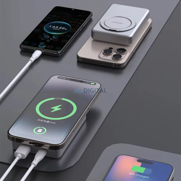 Dudao K28 10000mAh PD 22.5W MagSafe Powerbank fém tokkal és gyűrűs állvánnyal - Ezüst