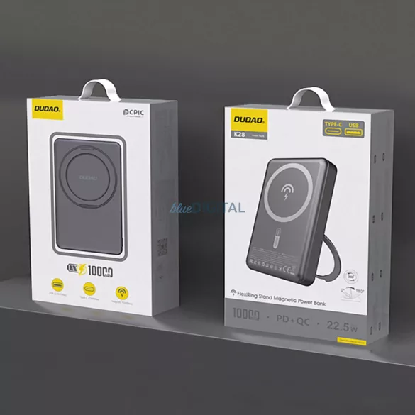 Dudao K28 10000mAh PD 22.5W MagSafe Powerbank fém tokkal és gyűrűs állvánnyal - szürke