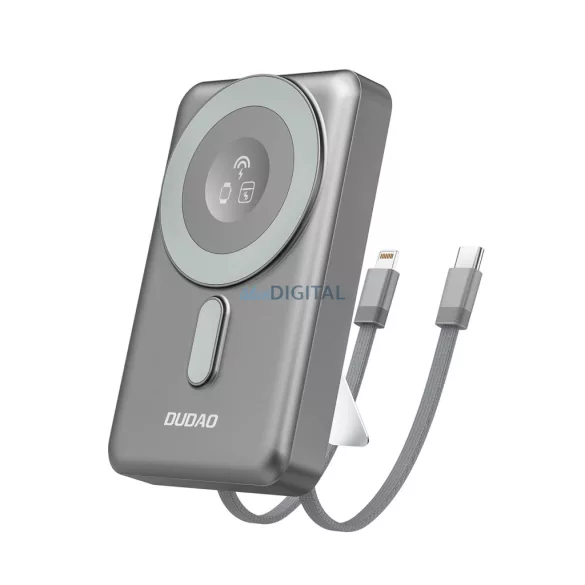 Dudao K29 10000mAh PD 20W MagSafe Power Bank fém tokkal, állvánnyal és beépített USB-C / Lightning kábelekkel - szürke