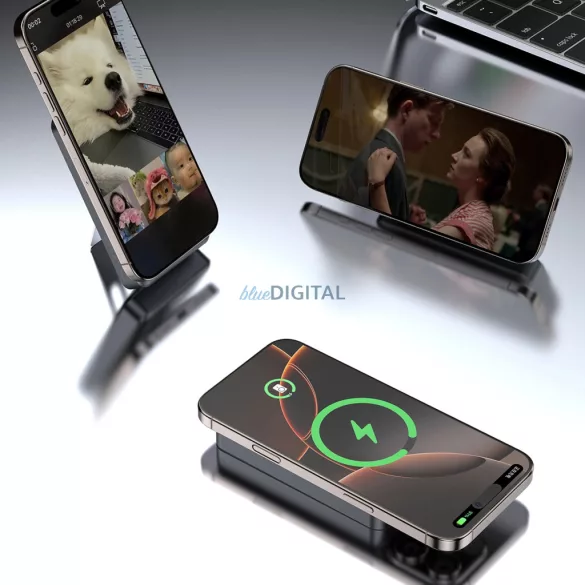 Dudao K29 10000mAh PD 20W MagSafe Power Bank fém tokkal, állvánnyal és beépített USB-C / Lightning kábelekkel - szürke