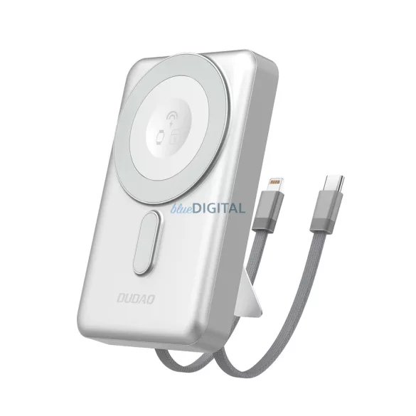 Dudao K29 10000mAh PD 20W MagSafe Powerbank fém tokkal, állvánnyal és beépített USB-C / Lightning kábelekkel - Ezüst