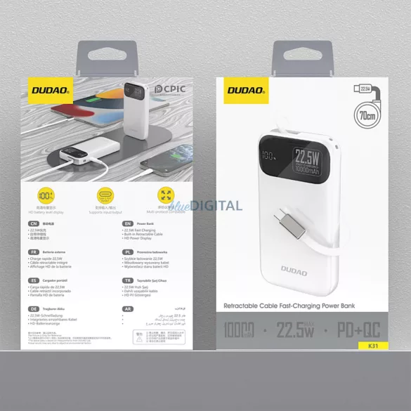 Dudao K31 10000 mAh 22.5W PD Powerbank beépített kábellel - Fehér színű