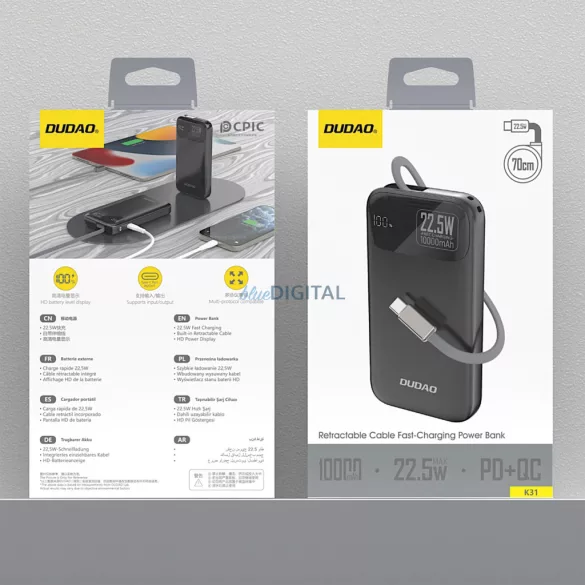 Dudao K31 10000 mAh 22.5W PD Powerbank beépített kábellel - Fekete