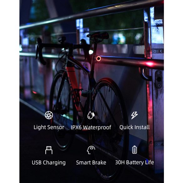 Rockbros Q3 hátsó kerékpár lámpa smart stop rendszerrel - fekete