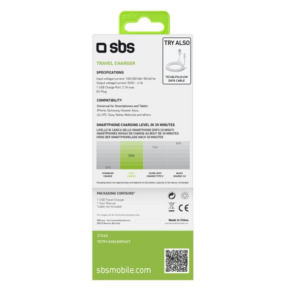 SBS TETR1USB2AWFAST hálózati töltő 1xUSB-A csatlakozással 10W 2.1A - fehér