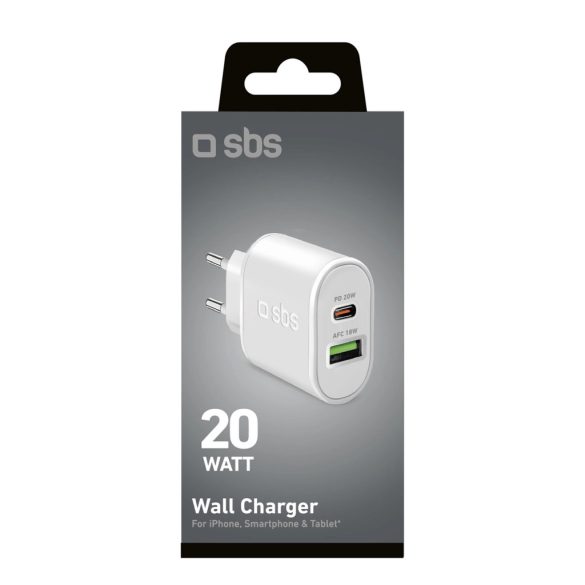 SBS TETRPD20W hálózati töltő 1xUSB-A és 1xUSB-C csatlakozással 20W 3A PD - fehér